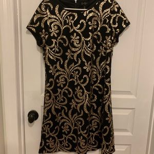 Black and gold scroll sequins cocktail dress